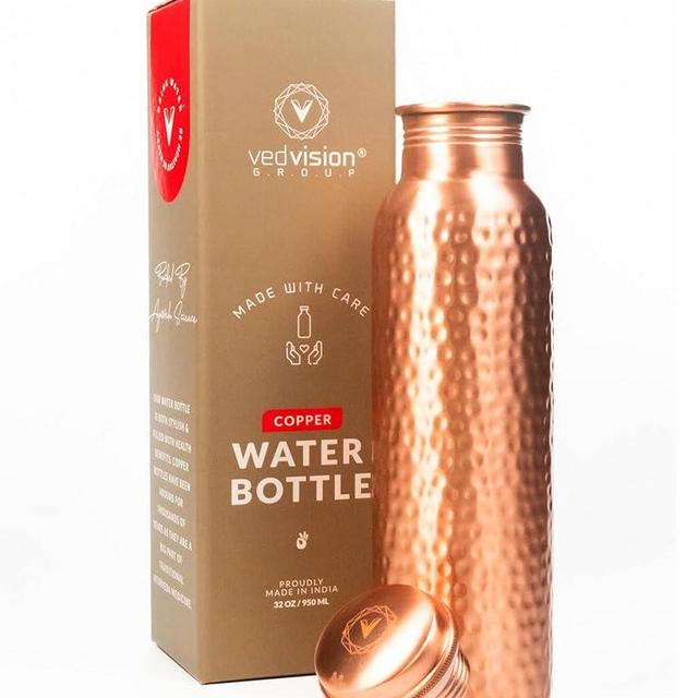VedVision Copper Water Bottle - 32 Oz Pure Copper Water Bottle for Drinking Hammered Finish Design - Leak-Proof, Travel-Friendly, Wide Mouth