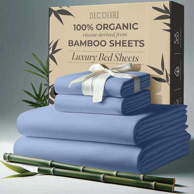 DECOLURE 100% Organic Viscose Derived from Bamboo Sheets Queen Size 4pcs - Ultra Soft & Luxuriously Cooling, 17" Deep Pocket, Double Stitching, Perfect for Hot Sleepers - Queen Bed Sheets (Light Blue)