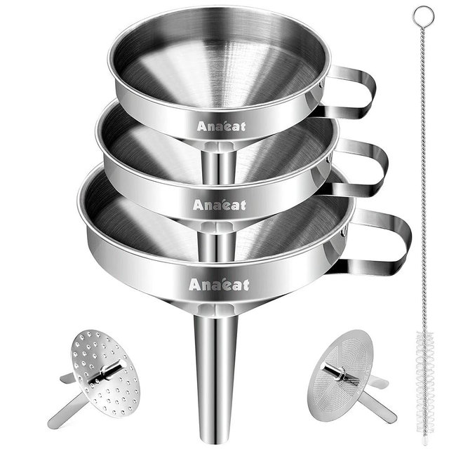 Anaeat 3 Pack Stainless Steel Kitchen Funnel Set, Multi-Use Premium Metal Food Grade Cooking Funnels with 2 Removable Strainer Filter for Transferring Liquid or Dry Ingredients & 1 Pc Cleaning Brush