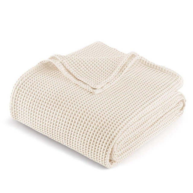 Exclusivo Mezcla 100% Cotton Waffle Throw Blanket for Couch, Sofa, Lightweight and Breathable Gauze Muslin Blanket for Summer, Moisture-Wicking, Home Decor, 50"x70", Beige
