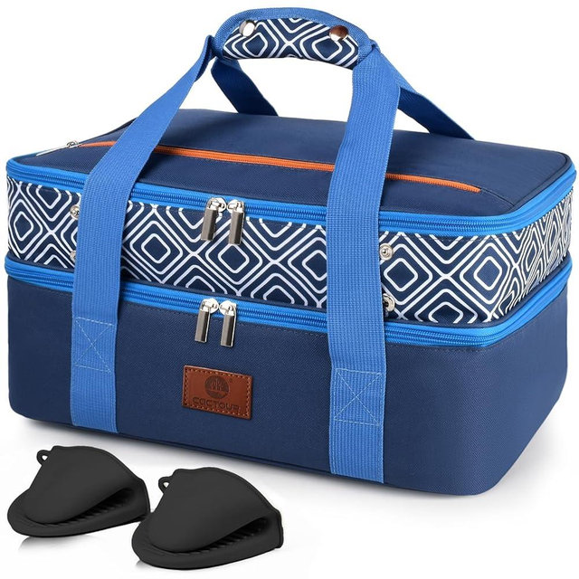 CaCTOUR Casserole Carrier for Hot or Cold Food, Expandable Double Decker Food Carrier with Silicone Hand Protectors - Fits 9“x13” Baking Dish-Lasagna Holder Tote for Parties Potluck Picnic (Blue)