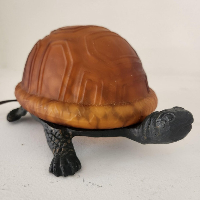 Vintage Turtle Accent Lamp with Mottled Amber Glass Shell
