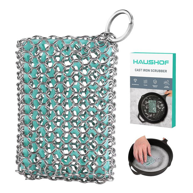 HAUSHOF Cast Iron Scrubber, Chainmail Scrubber with Silicone Core, Premium Chainmail Scrubber Sponge for Skillet, Pan, Dutch Oven