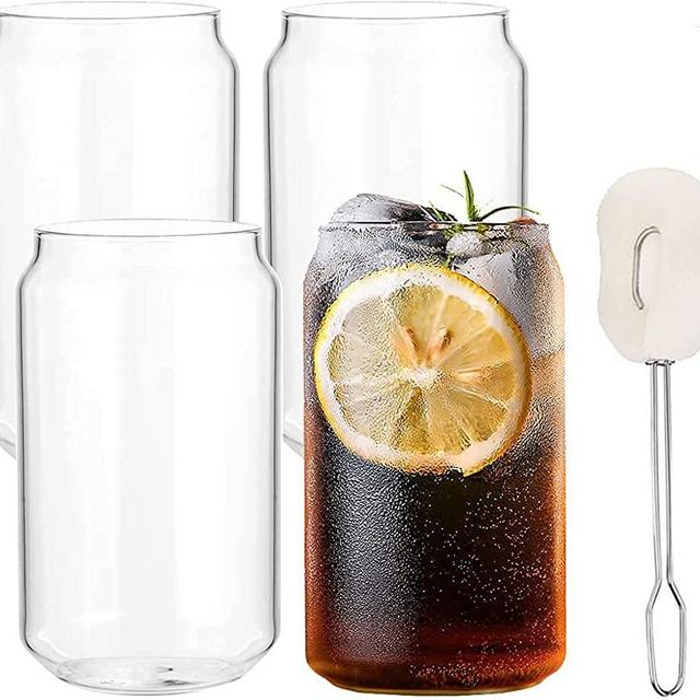 ALINK 4-Pack Beer Glasses, 16 oz Can Shaped Drinking Glasses, Bubble/ Boba Tea Cup Tumbler for iced coffee, soda, Plus 1 Sponge Brush