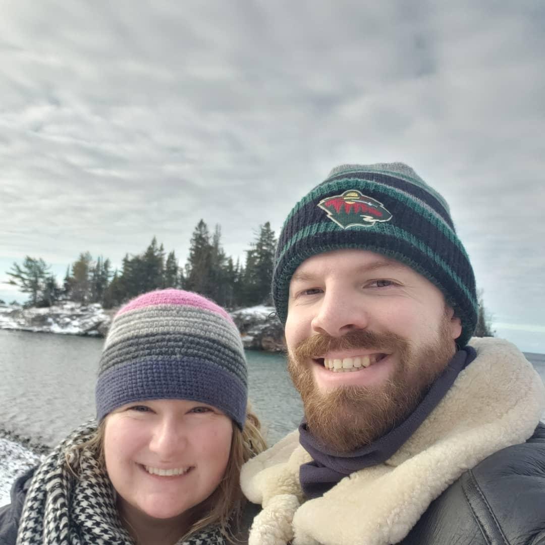 On Pebble Beach in Split Rock Lighthouse State Park during our honeymoon to Two Harbors!