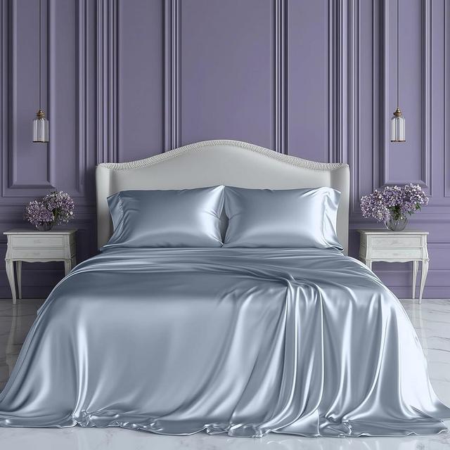 SLEEP SANCTUARY Satin Sheets Queen Size – 4 Piece Luxury Silky Bed Set, Softer Than Silk, 15" Deep Pocket, Cooling & Wrinkle-Free, Moisture-Wicking & Breathable for Hair & Skin (Baby Blue)