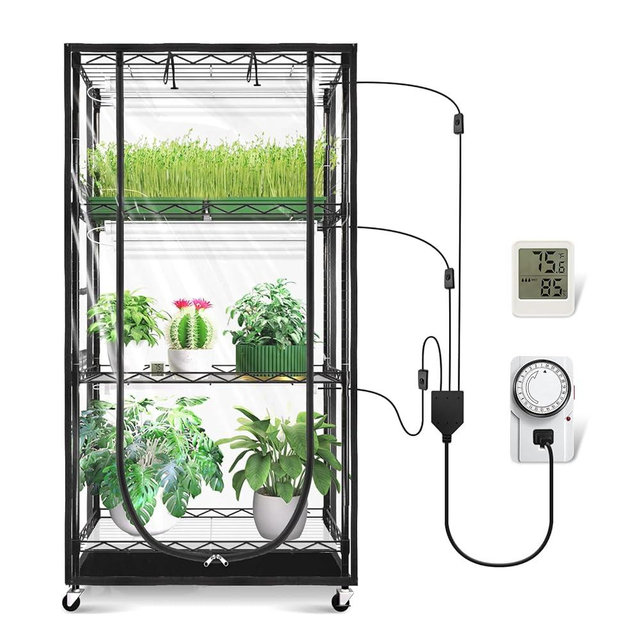JESLED Indoor Greenhouse with Grow Light - Full Spectrum 5000K LED for Seed Starting, Tiered Lighting Control, Built-in Timer & Thermo-Hygrometer, Rolling Metal Plant Stand (23.6x13.8x59 in)