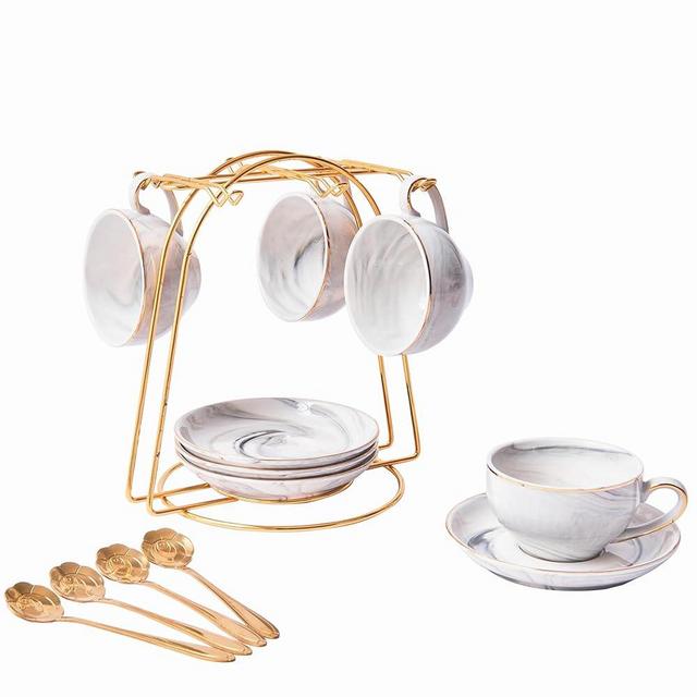 ZPGXLRZ Ceramic Espresso Cups Set with Saucers and Metal Stand, 4 oz Porcelain Stackable Cappuccino Cups Teacup For Tea, Espresso, Latte, Coffee, Cafe Mocha（Gray）