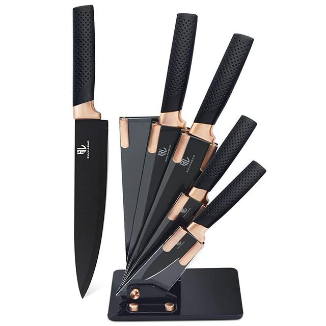 ZHUJIABAO Black Kitchen Knife Block Set with Acrylic Stand 6PCS Professional Stainless Steel Chef Knife Set with Nonstick Coating and Ultra Sharp Edge Cutlery Knife Block Set as Gift for Man and Woman