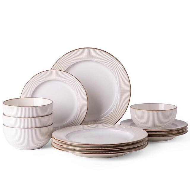GBHOME Ceramic Dinnerware Sets,Elegant Stoneware Plates and Bowls Sets,Highly Chip and Crack Resistant | Dishwasher & Microwave Safe | Dishes Set Service for 4 (12pc)-Soft off White