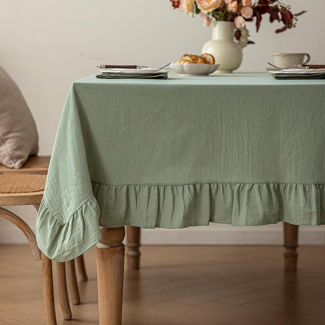 Cotton Tablecloth 60" × 102" Ruffle Trim Table Clothes Washable Rectangle Fabric Table Cloth Kitchen Dinning Tabletop Decoration for Party Wedding Events Holiday - Sage Green, 8-10 Seats