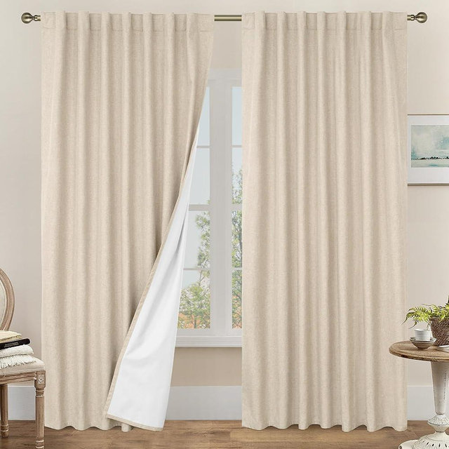 LAMIT 100% Blackout Linen Curtains, 84 Inch Linen Textured Living Room Farmhouse Curtains Room Darkening Back Tab and Rod Pocket Burlap Neutral Panels with White Liner, 2 Panels, Linen, 60 x 84 Inch