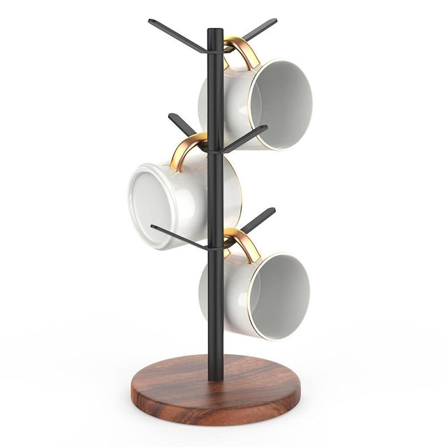 simesove Mug Holder Tree, Non-Slip Coffee Cup Holder with 6 Hooks, Walnut Wood Stand Organizer for Counter, Coffee Bar Accessories and Kitchen Home Decor (Brown)