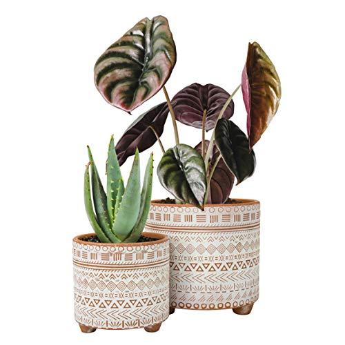 Set of 2 | 4 Inch and 6 Inch Pottery Red & White Ceramic Planter Pot with Drainage Hole, Geometric Patterns Flower Pot, Round Planter Pot for Plants, Indoor or Outdoor – by D'vine Dev