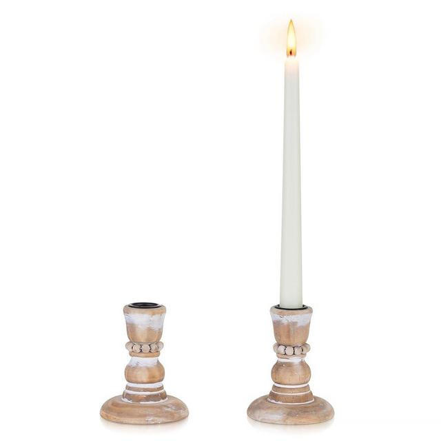Inweder Rustic Wood Taper Candle Holders: 2Pcs Small Wooden Candlestick Holders for Table Wood Candle Holders for Candlesticks for Home Farmhouse Candle Holders Mantel Rustic Candle Holder with Beads