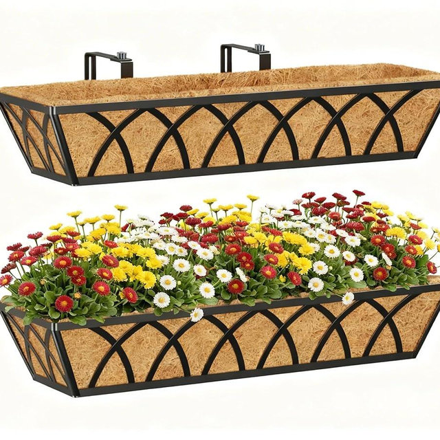 Y&M Hanging Railing Planter Boxes 2 Pack, 24 Inch Adjustable Balcony & Deck Planter, Heavy Duty Metal Flower Box for Porch, Fence & Window, Outdoor Plant Holder