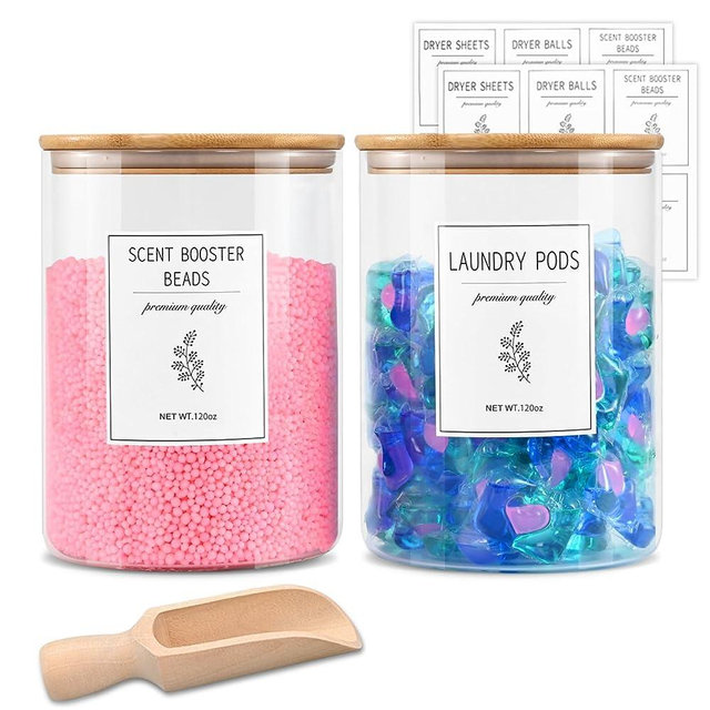 Laundry Pods Container with 1 Scoop & 12 Labels for Laundry Room Organization and Storage, 2 Pack 120OZ Glass Laundry Containers for Laundry Detergent Pods, Powder, Dryer balls, Scent Boosters