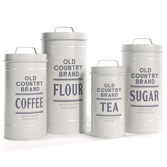 Barnyard Designs Decorative Nesting Kitchen Canister Jars with Lids, White Metal Rustic Vintage Farmhouse Container Decor for Flour Sugar Coffee Tea Storage, Set of 4, Largest is 5.5” x 11.25”
