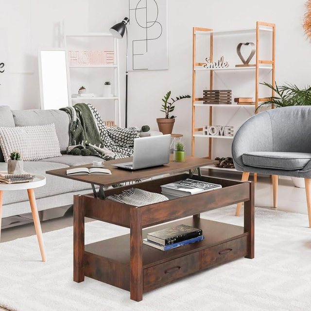 Lift Top Coffee Table with Hidden Compartment & 2 Storage Shelves - Living Room Dining Table with Rising Tabletop Lifttop Desk for Apartment, Home, Condo - Rustic Brown