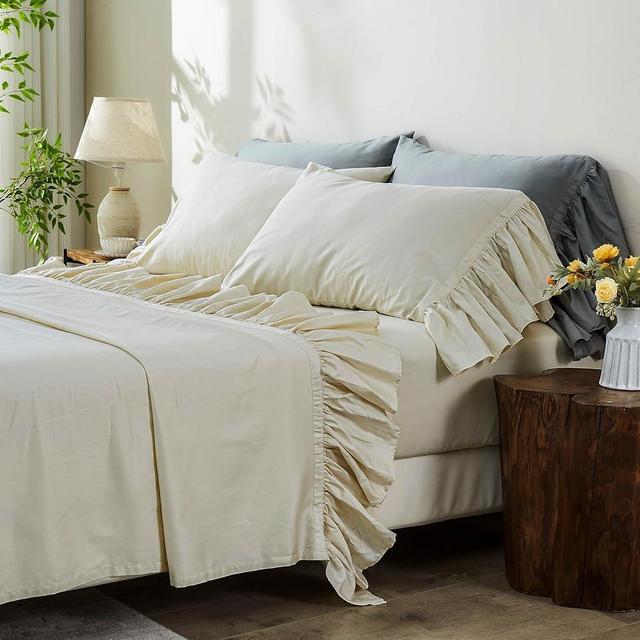 Simple&Opulence 100% Organic Cotton Sheet Set, Long Ruffle Bed Sheets (1 Flat Sheet, 1 Fitted Sheet and 2 Pillowcases) Elegant Shabby Chic Bedding Farmhouse Charming Vintage - Beige, King