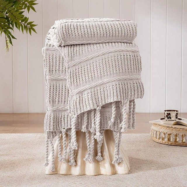 Boho Knitted Chenille Blanket with Tassels - Lightweight & Soft All-Season Throw - 3D Classic Pattern for Living Room Bedroom Couch, Ivory White, Throw 50"x60"