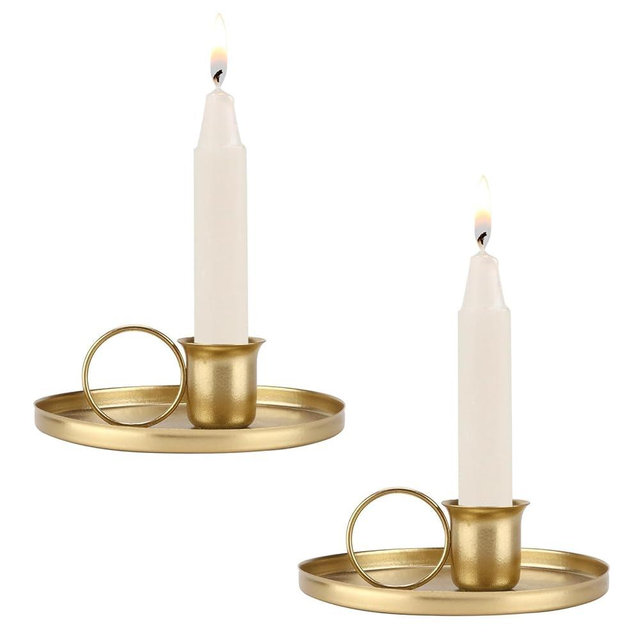 Beufee 2Pcs Metal Taper Candle Holder, Candle Holders for Candlesticks Retro Iron Taper Candle Holders with Handle Emergency Candle Holder(Gold)