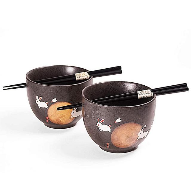Japanese Dinnerware Ceramic Ramen Udon Noodle Bowl Set of 2 with Bamboo Chopsticks Bowl Set