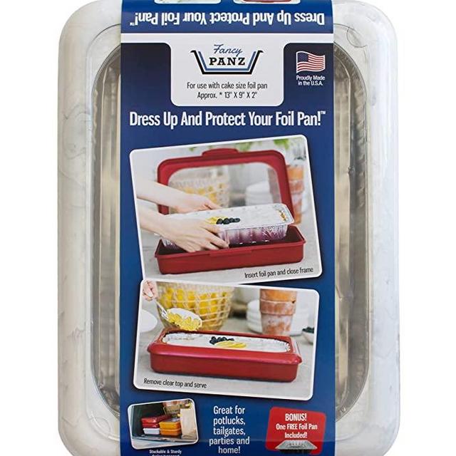 Fancy Panz 9x13- Inch Foil Cake Pan Dress Up & Protect Your Foil Pan Made in USA, Foil Pan & Serving Spoon Included. Hot or Cold Food. Stackable for easy travel. BPA free (Marble Grey/White)