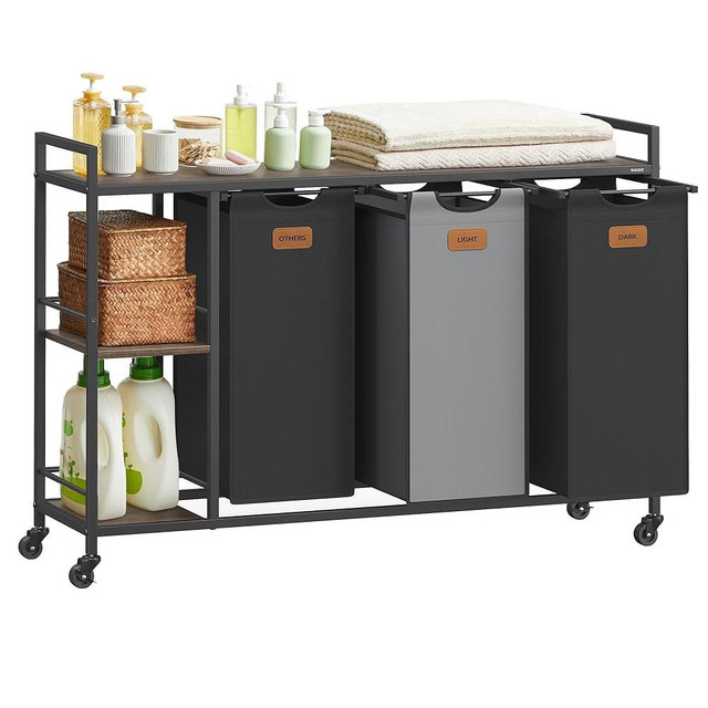 VASAGLE Laundry Hamper with 3 Compartments, 39.6 Gal. (150 L) Laundry Sorter, Rolling Laundry Cart with Shelves, Removable Liners, 6 Labels, Chestnut Brown, Ink Black and Dove Gray UBLH312B01