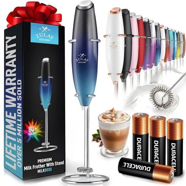 Zulay Powerful Milk Frother (4 Duracell Batteries Included) - Handheld Milk Frother Wand Drink Mixer for Coffee - Powerful Milk Foamer for Cappuccino, Frappe, Matcha & Creamer - Deep Sea