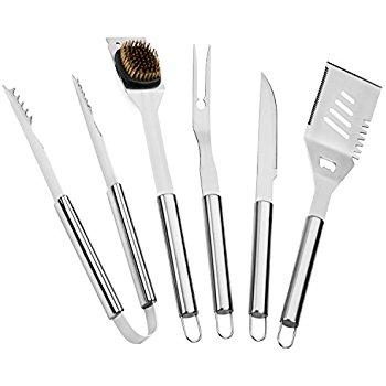 Elite BBQ Grill Tools Set - Stainless Steel Grilling Tools - BBQ Accessories - 5 Piece Barbecue Tool Gift Set w/ BBQ Spatula, Tongs, Knife, Fork, Cleaning Brush - BBQ Set - Barbeque Grill Accessories