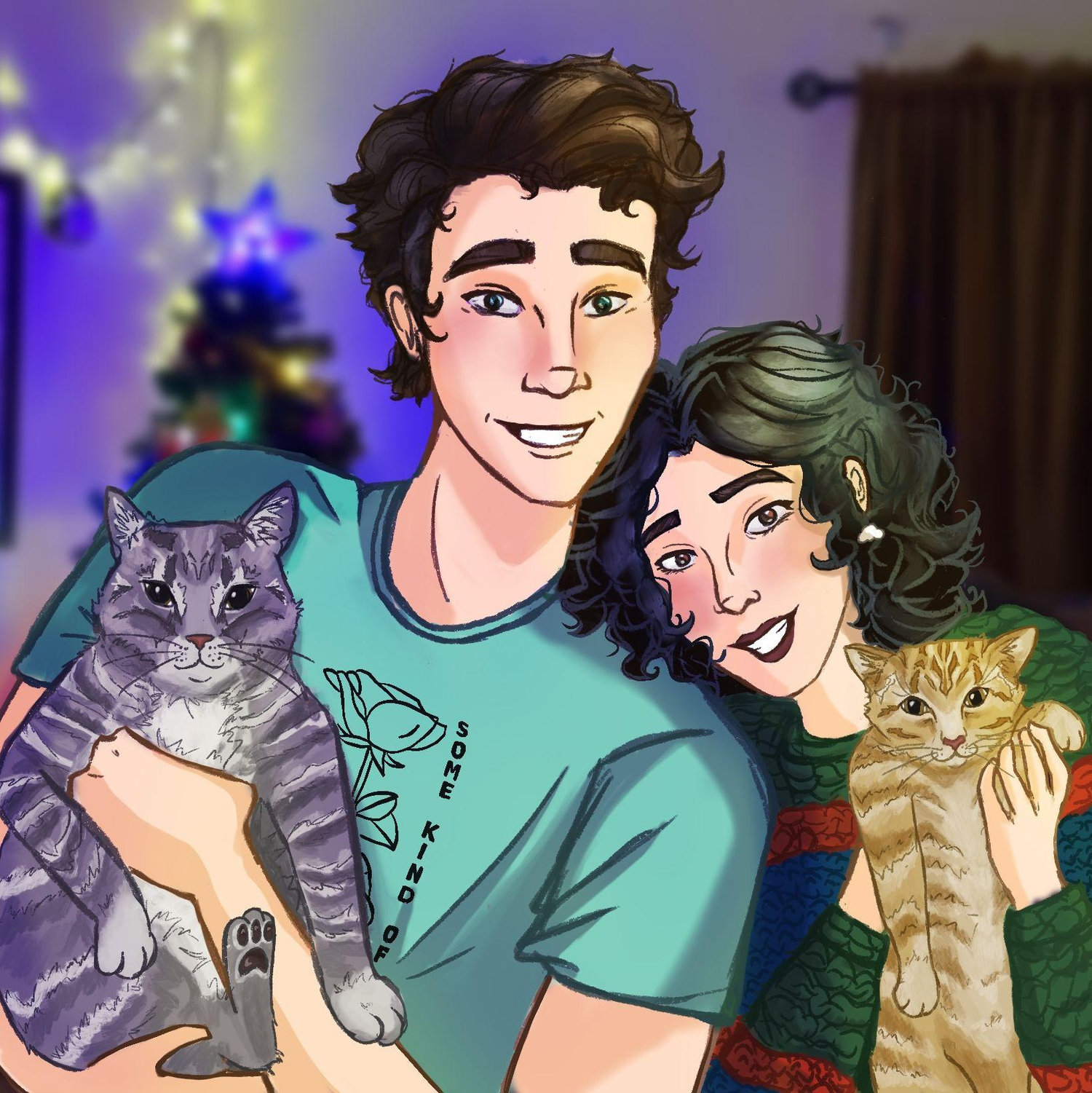2023 Christmas present for Jacob, drawing of the two of us and our cats, Roswell and Junebug