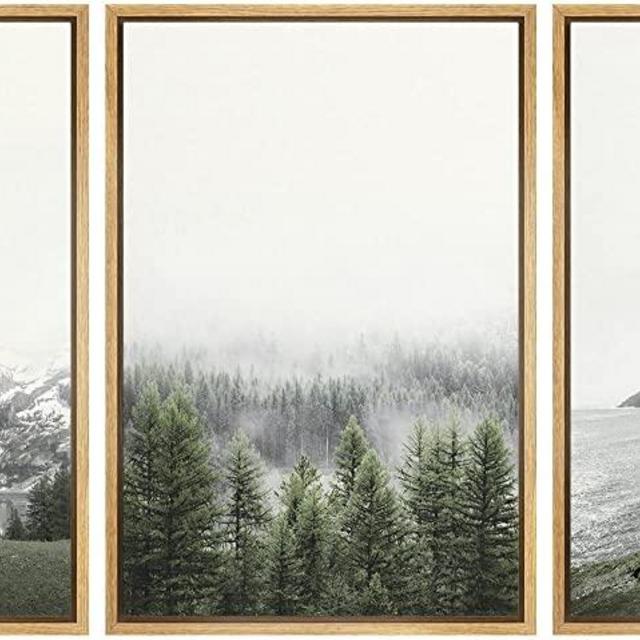 Color-Banner Framed Wall Art Print Set Misty Nautical Mountain Forest Landscape Nature Wilderness Photography Modern Art Boho Decorative Colorful for Living Room, Bedroom, Office - 16"x24"x3 Natural