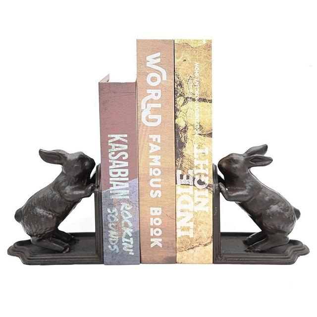 Remenna Rabbit Decorative Bookend, Heavy Duty Cast Iron, Vintage Shelf Decor, Antique Brown
