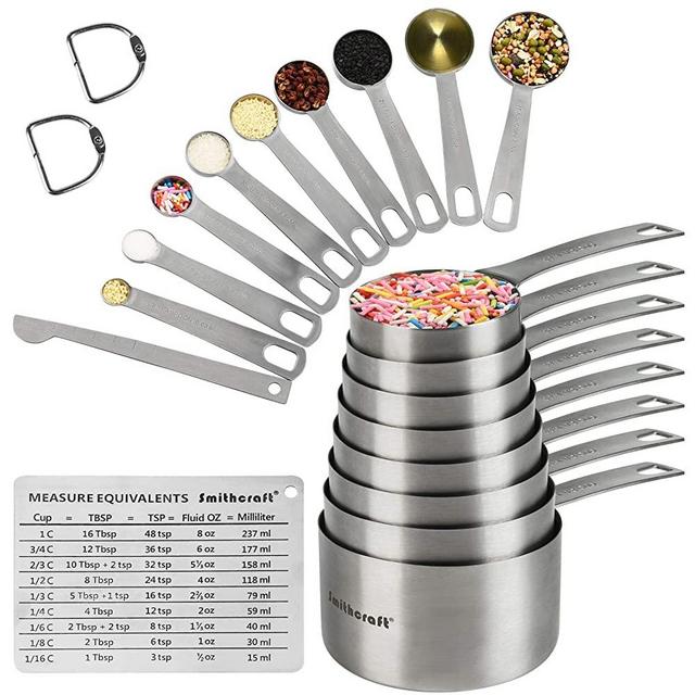 Smithcraft Stainless Steel Measuring Cups and Spoons Set: Stainless Steel Measuring Cups of 8, Spoons of 9, 1 Leveler, 1 Measurement Conversion Chart for Stainless Steel Measuring Cups, 18/8(304)