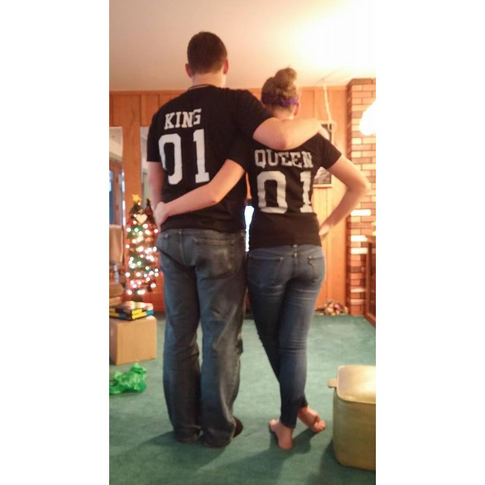 Taylor and Nathan at their first Christmas showing off their king and queen shirts. January 2, 2016