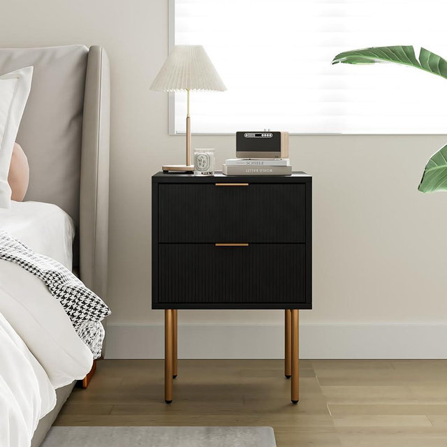 Masupu Nightstand,Mid-Century Modern Bedside Table with 2 Storage Drawer,Small Gold Frame Side End Table for Bedroom,Living Room (Black)