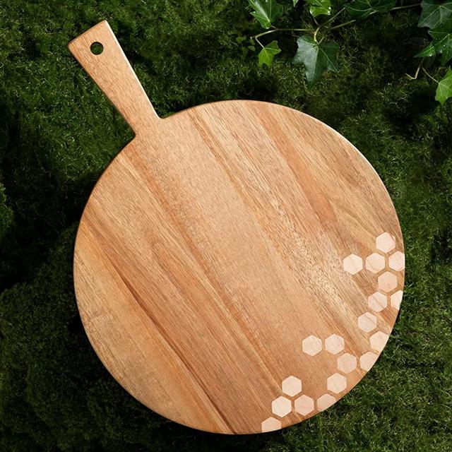 Dofira Round Acacia Wood Cutting Board, Decorative Honeycomb Design, Wooden Kitchen Chopping Board with Handle, Hex Star Series Serving Board for Charcuterie Cheese Pizza Meat,16x12in (Gift Packaging)