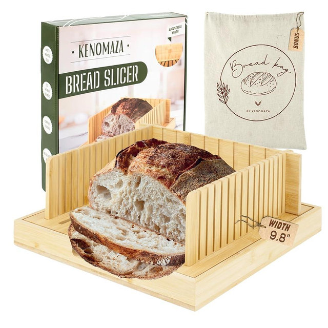 Bread Slicer for Homemade Bread, Adjustable Bread Cutter with Crumb Tray, Sourdough Bread Slicer Guide, Bamboo Bread Cutting Board, Manual Bread Loaf Slicer for Sandwiches and Rounds