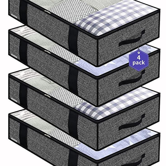 Onlyeasy 4 Pack Under Bed Clothes Storage Bags Organizer with Reinforced Handles and Zippers, Foldable Underbed Storage Container Bags for Blankets, Comforters, Bedding, Linen-like Black, MXAUBBP4