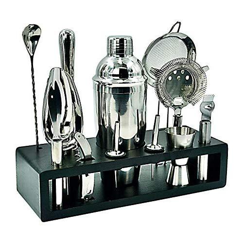 Highball & Chaser Cocktail Shaker Bar Set with Espresso Bamboo Stand. Beautiful Cobbler Cocktail Shaker Set with Highest Quality Bar Tools/Bar Accessories. 304 Stainless Steel Bartender Kit with Stand