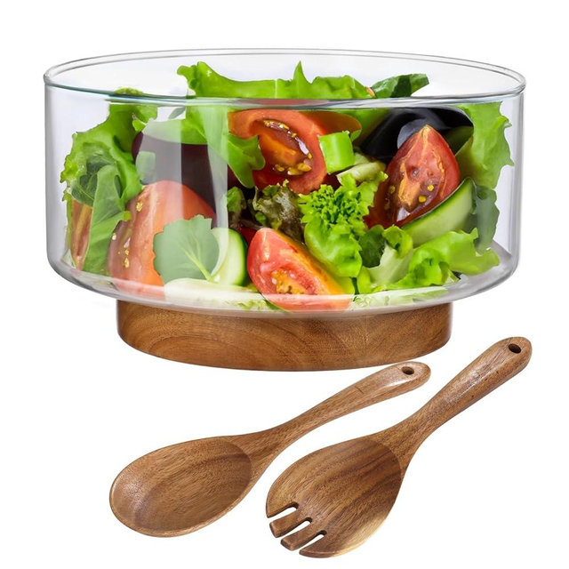 OMISTAR Glass Salad Bowl Set with Acacia Wood Base & Serving Utensils - 3.8 QT Extra Large Serving Bowl for Parties, Salads, Fruit, Pasta - Dishwasher Safe