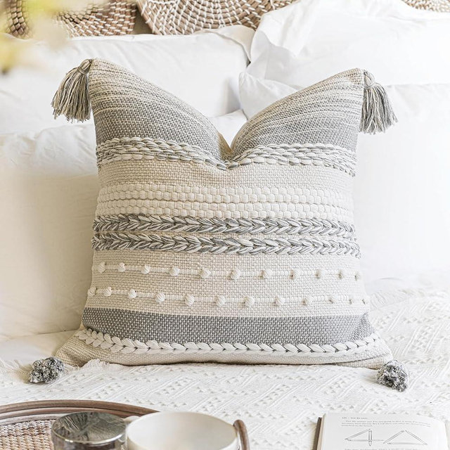 BlissBlush Gray Boho Decorative Throw Pillow Cover 20x20 Square Farmhouse Accent Cushion for Couch Sofa Livingroom Bedroom Pillowcase Modern Home Décor (Pack of 1)