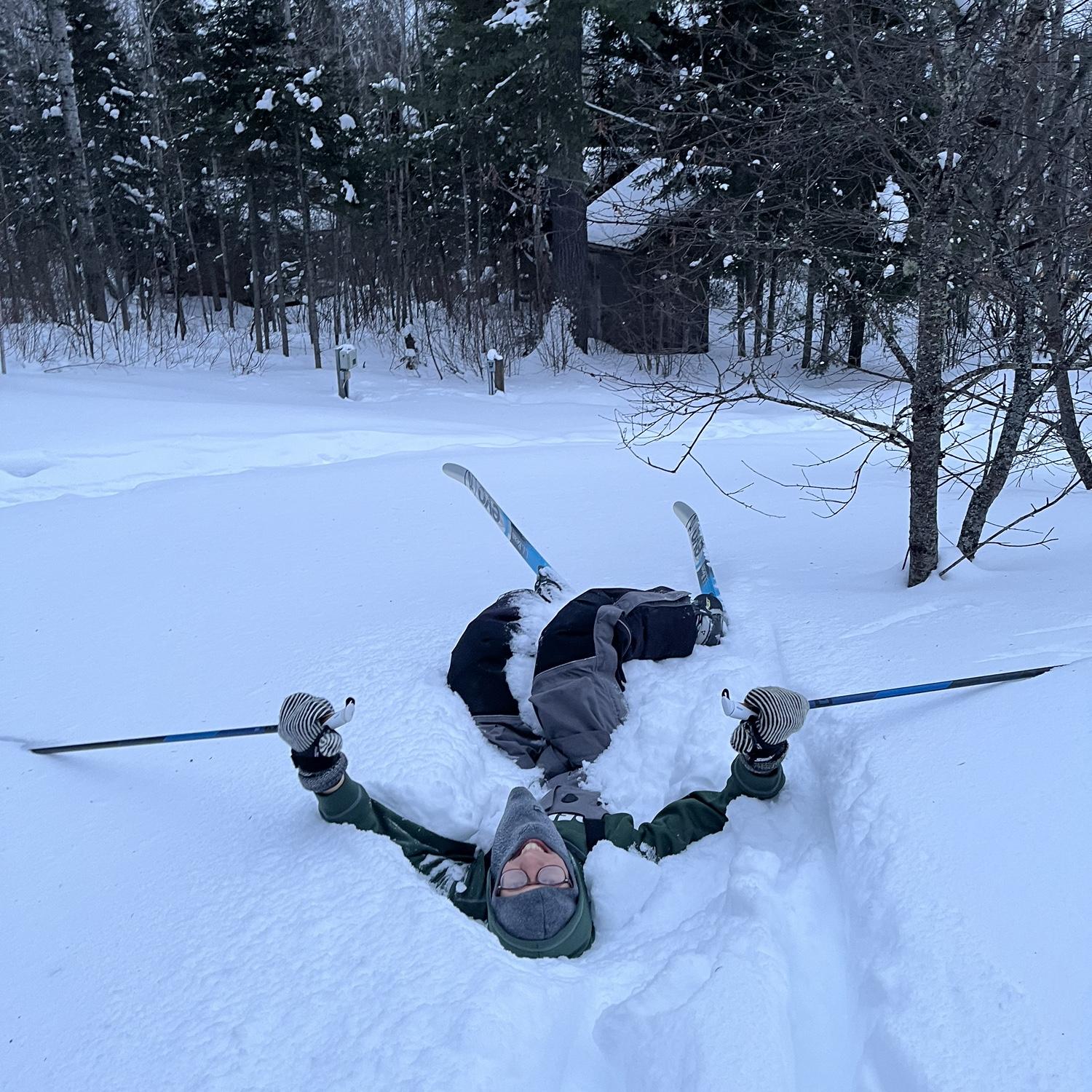 Kenny jumped in a huge pile of snow at the end of a ski together, haha