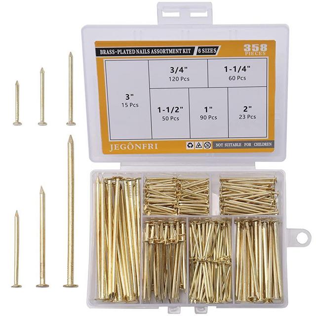 6 Sizes Gold Hardware Nails Assortment Kit, 358pcs, Brass Plated, Nails for Hanging Pictures, Finishing Nails, Wood Nails, Wall Nails for Hanging (3”, 2”, 1-1/2”, 1-1/4", 1”, 3/4")