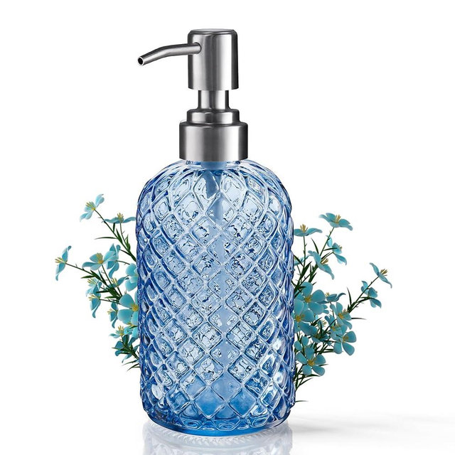 12 Oz Refillable Glass Soap Dispenser with Rust Proof Stainless Steel Pump, for Dispense Hand soap, Body wash, Lotion (Blue)