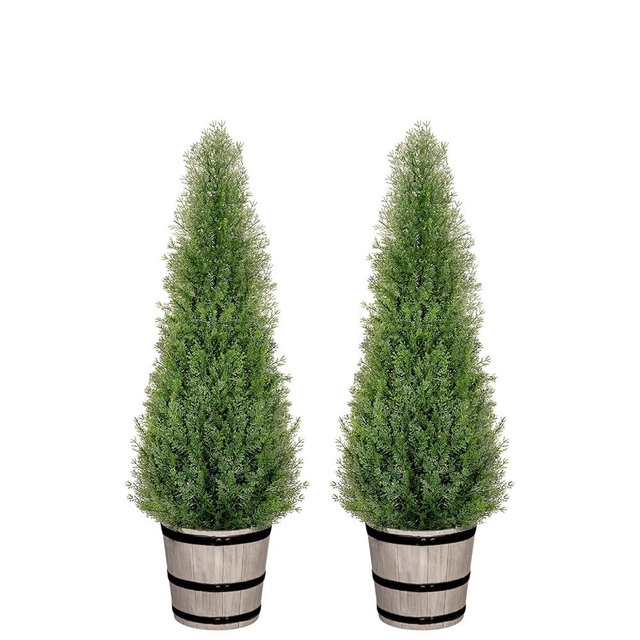 VIVATREES 3FT Artificial Cedar Topiary Trees with Rustic Barrel Planter, Outdoor Indoor Realistic Faux Pine Shrubs Plants, Fake Cypress Trees for Home Offices Porch Decor, Set of 2