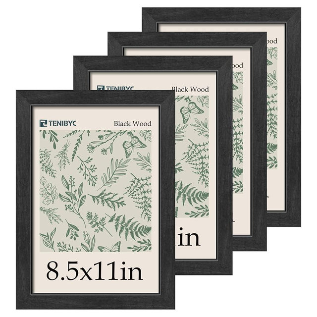 TENIBYC 8.5x11 Picture Frame Black - 4 Pack, HD Tempered Glass, Elegant Wood Grain Photo Frame, Suitable for Certificate Document, Table or Wall Display