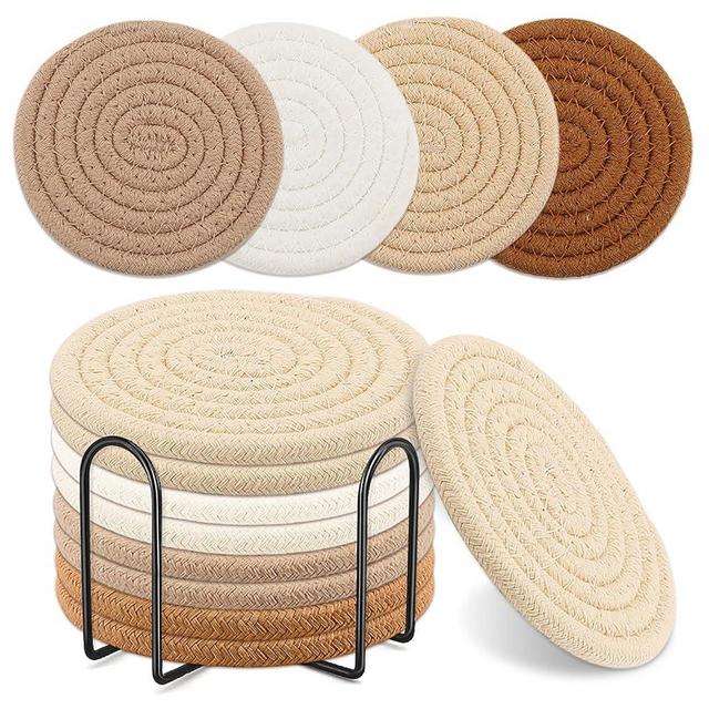 8 Pcs Boho Coasters for Drinks,4 Colors Absorbent Drink Coasters with Metal Holder, Cotton Woven Coaster, Minimalist Cup Coaster Set for Home Decor,Table Protection, Housewarming Gift (4.3 Inch)…