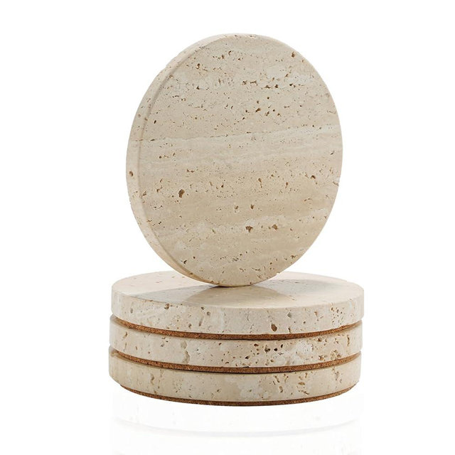 4-Inch Beige Travertine Coasters Set of 4 - Natural Limestone Absorbent Drink Coasters with Non-Slip Cork Backing, Protect Countertops from Stains and Scratches